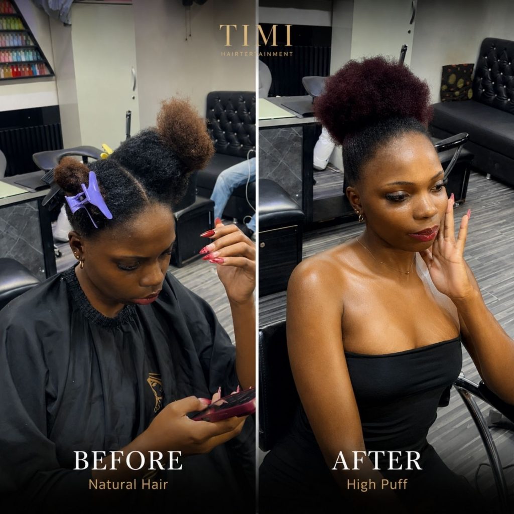 Before and after wig revamp transformation at Timi Hairtertainment in Lekki, Lagos
